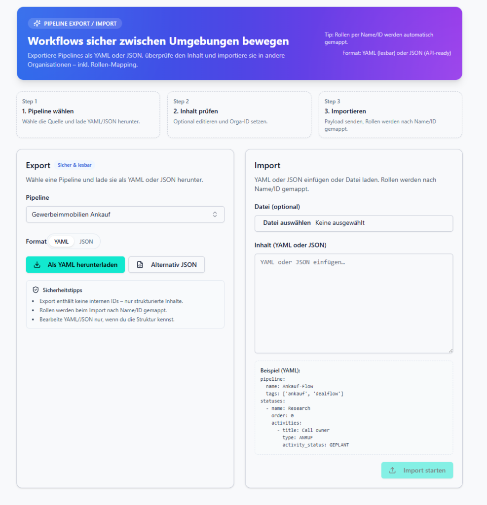 immoJUMP Pipeline Export/Import – YAML/JSON Export und Import